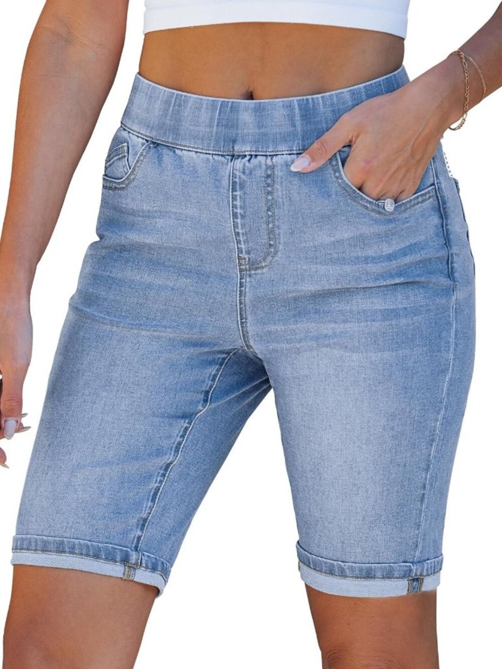 High-Waisted Denim Bermuda Shorts for Women | Elastic Waist, Knee-Length